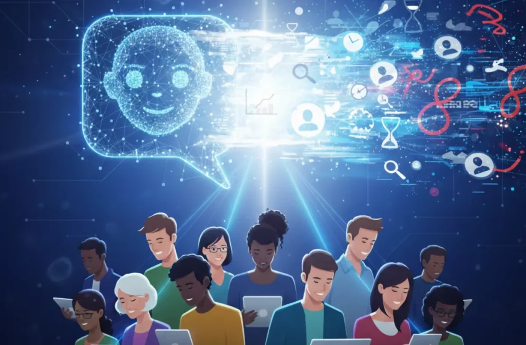 Ilustración de un grupo diverso de personas usando tablets y smartphones bajo un asistente de IA representado por un icono de chat digital brillante, simbolizando la atención al cliente inmediata en WordPress y WooCommerce.